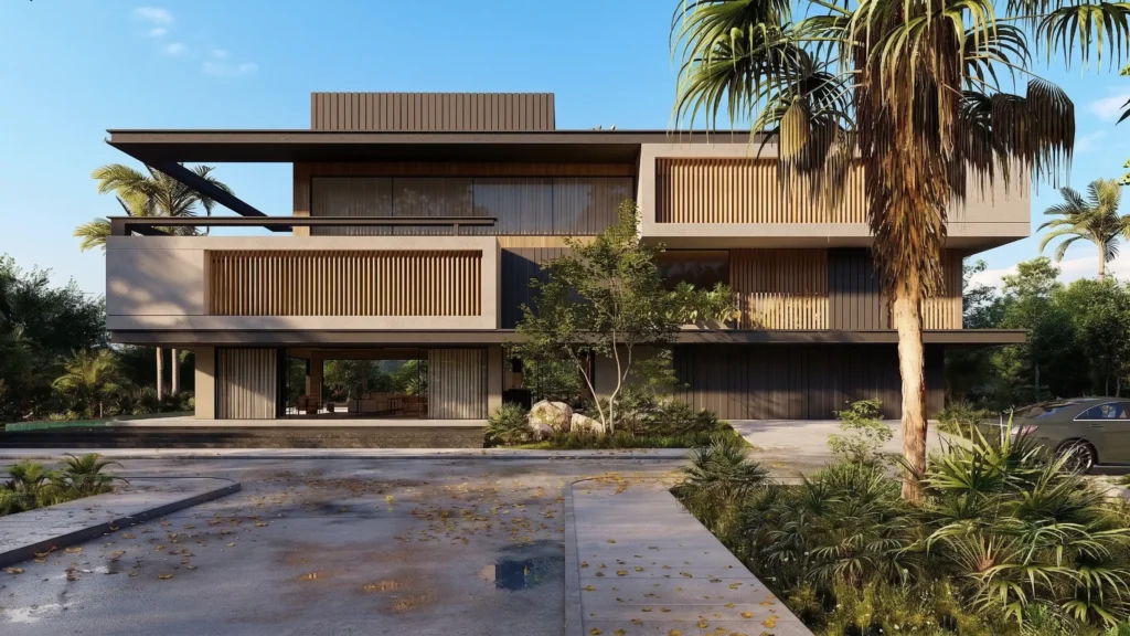 Projeto de casa de alto padrão em Campo Largo, com volumes em balanço, brises e paisagismo, por KRUZ Arquitetura.