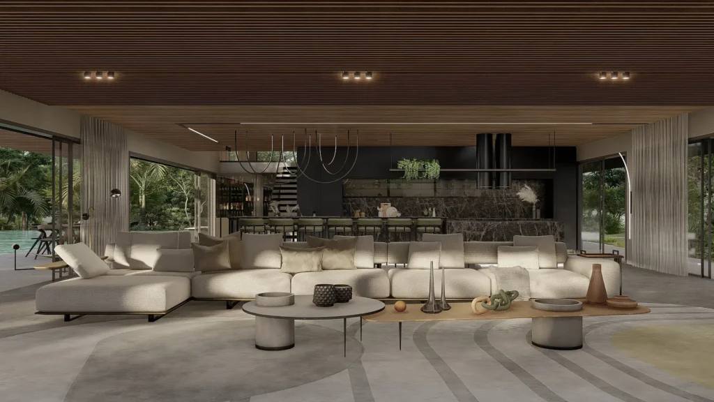 Living integrado com cozinha gourmet e vista para a piscina em projeto residencial da KRUZ Arquitetura em Campo Largo.