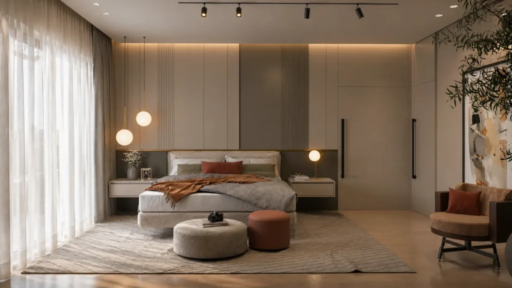Suíte master de alto padrão com iluminação cênica em Curitiba, projeto de arquitetura de interiores da KRUZ Arquitetura.