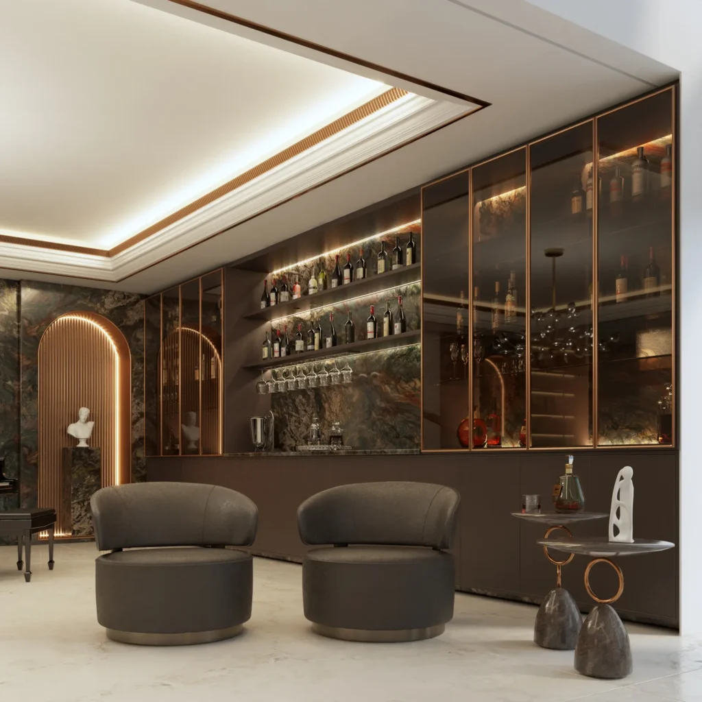 Home bar com piano de cauda e adega em apartamento de luxo em Balneário Camboriú, projeto da KRUZ Arquitetura.