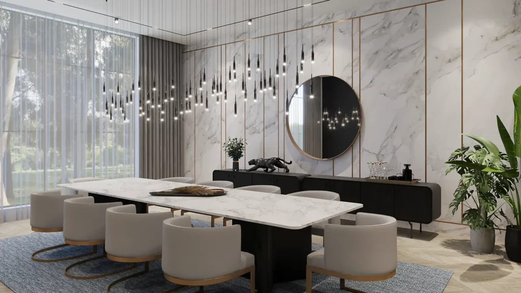 Arquiteta em Goiânia e escritório de arquitetura de alto padrão especializado em design de interiores de luxo. Uma sala de jantar de alto padrão, mesas em mármore e aparadores sofisticados. Projeto de arquitetura e design de interiores assinado pela arquiteta Kauana Cruz, fundadora da KRUZ Arquitetura, com atendimento também em Anápolis (GO), Balneário Camboriú, Itapema, Itajaí, Praia Brava, Governador Celso Ramos, Porto Belo, Jurerê, Florianópolis, Blumenau (SC), Curitiba, Pinhais (PR), São Paulo, Alphaville e Campinas (SP).