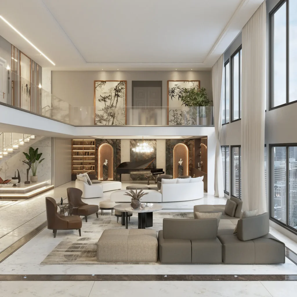 Área social com home bar integrado com piano de cauda, adega e iluminação cênica em apartamento de luxo em Balneário Camboriú, projeto de arquitetura de interiores da KRUZ Arquitetura assinado pela arquiteta Kauana Cruz.