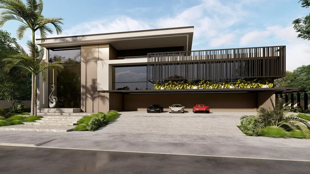 Fachada de residência contemporânea de alto padrão em Itapema, projeto autoral da KRUZ Arquitetura assinado pela arquiteta Kauana Cruz.