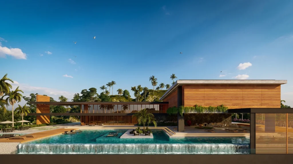 Paisagismo integrado à arquitetura em residência frente-mar de luxo em Governador Celso Ramos, projeto autoral da KRUZ Arquitetura.
