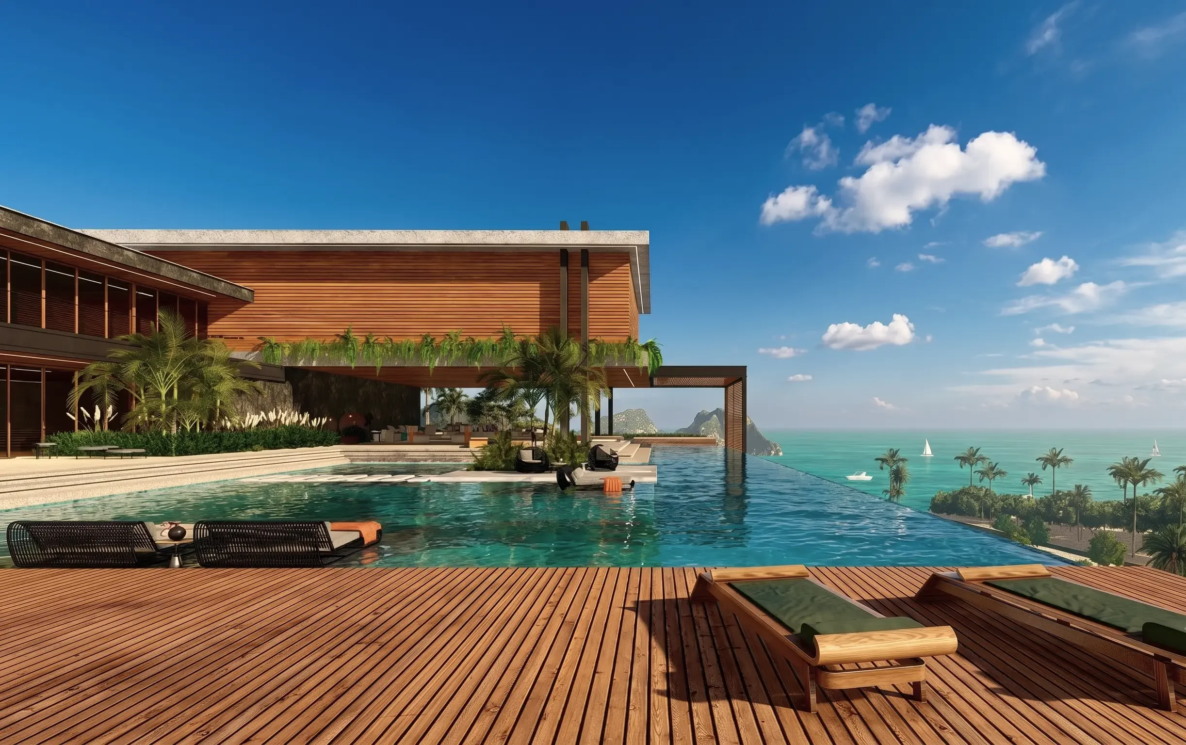 Residência Frente Mar em Governador Celso Ramos com vista panorâmica para o mar, projeto de arquitetura de alto padrão assinado pela arquiteta Kauana Cruz, fundadora da KRUZ Arquitetura, escritório especializado em arquitetura de luxo e interiores autorais no litoral de Santa Catarina.
